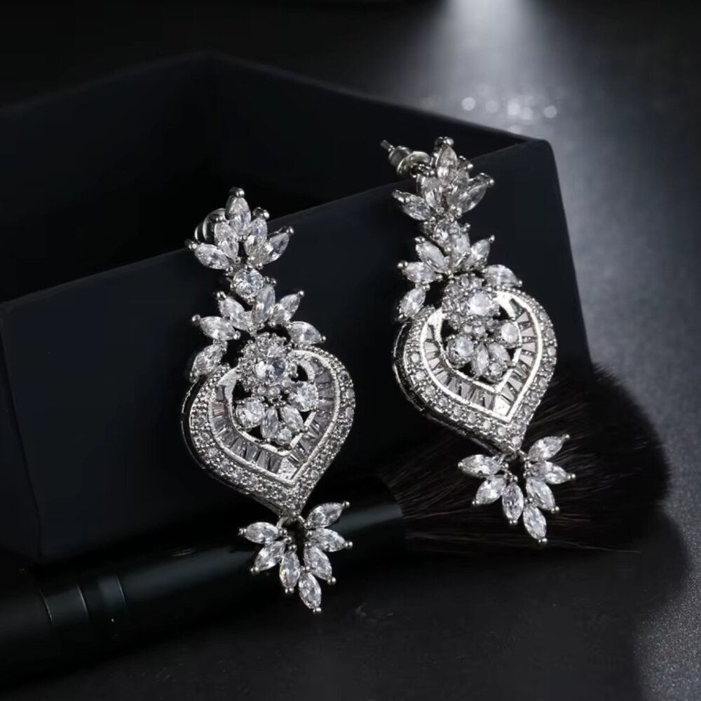 Platinum Plated Flower Pendant Drop Earrings With Shining CZ - Picture 2 of 6